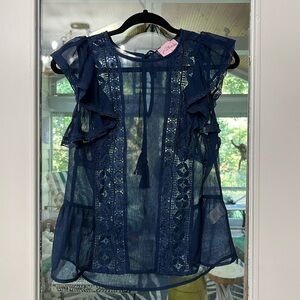 J*Blonde Navy Ruffle Sleeve See Though Top Size L